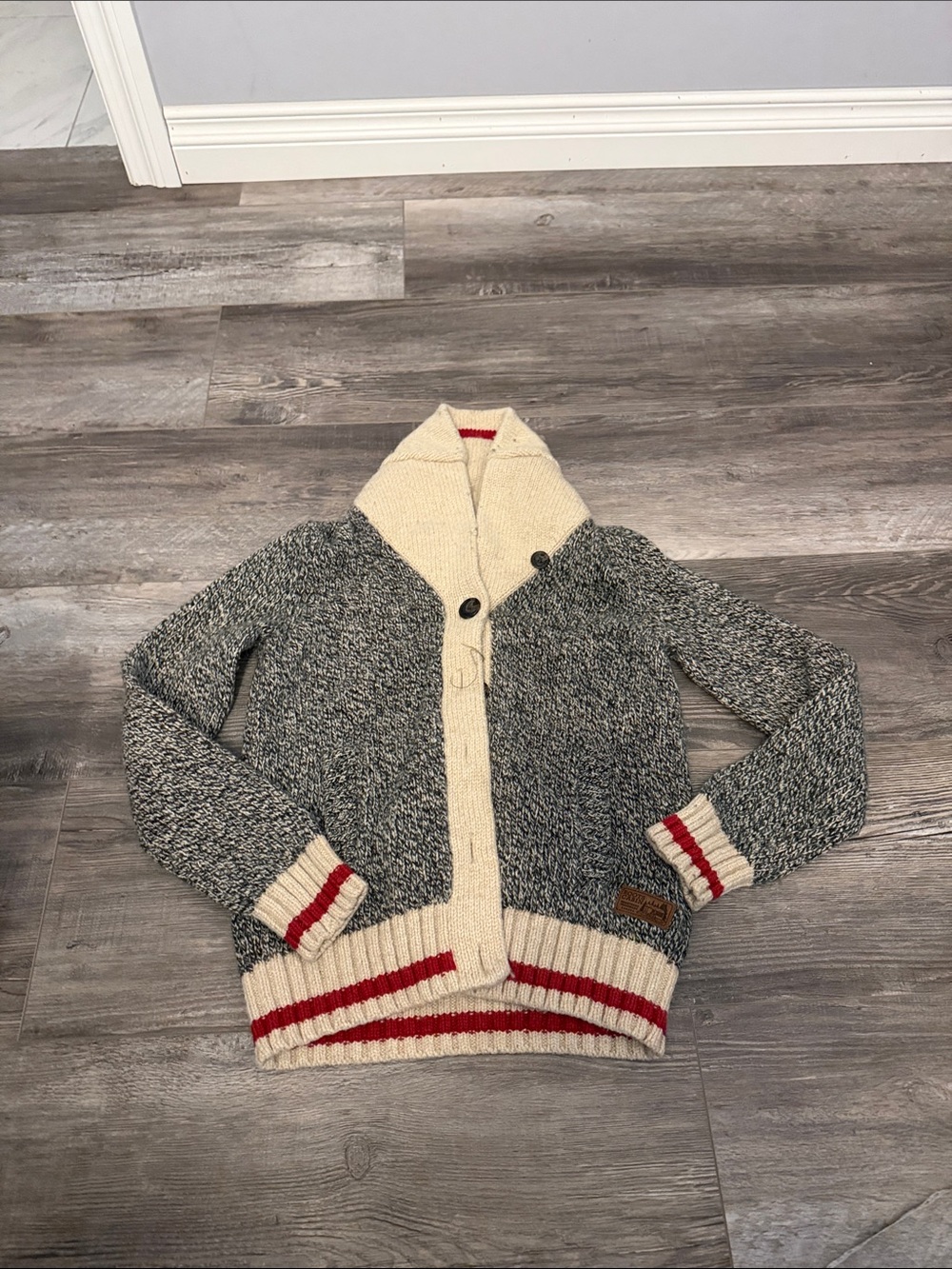 Roots Two-Tone Shawl-Collar Cardigan Sweater in Cream, Gray & Red